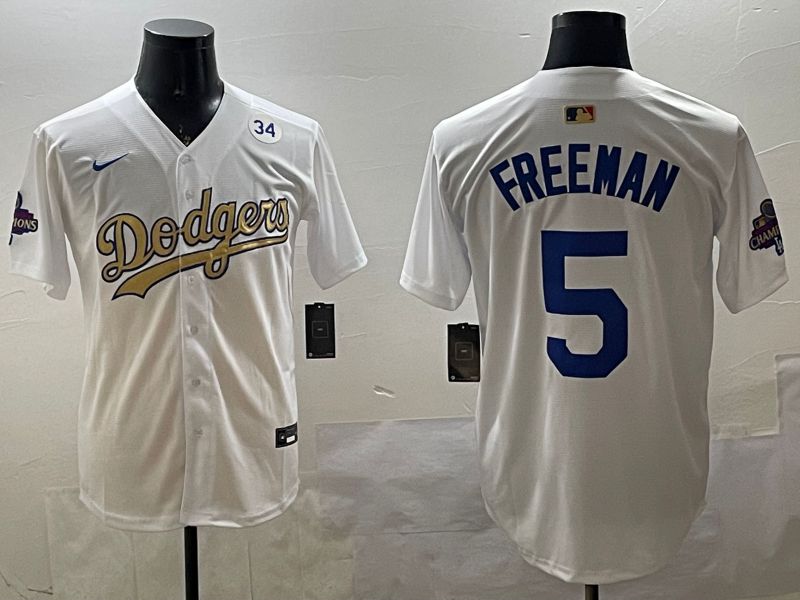 Men Los Angeles Dodgers #5 Freeman White Champion gold character 2025 Nike MLB Jersey style 33113